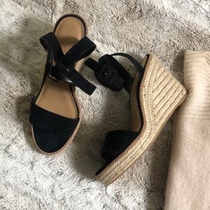 Banana Republic Black Leather Ankle Strap Wedge Espadrille Sandals